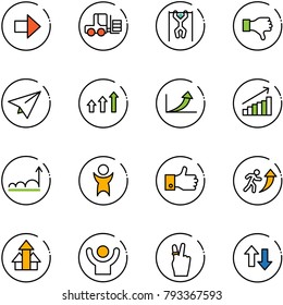 line vector icon set - right arrow vector, fork loader, pull ups, dislike, paper plane, arrows up, growth, success, finger, career, victory, down