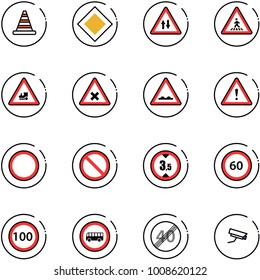 line vector icon set - road cone vector, main sign, oncoming traffic, pedestrian, railway intersection, rough, attention, prohibition, limited height, speed limit 60, 100, no bus, end