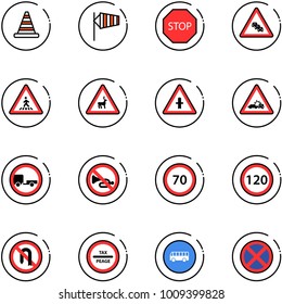 line vector icon set - road cone vector, side wind, stop sign, multi lane traffic, pedestrian, wild animals, intersection, car crash, no trailer, horn, speed limit 70, 120, turn back, tax peage, bus
