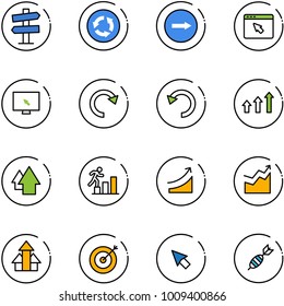 line vector icon set - road signpost vector sign, circle, only right, cursor browser, monitor, redo, undo, arrows up, arrow, career, rise, growth, target, dart