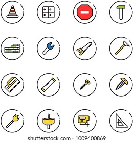 line vector icon set - road cone vector, baggage room, no way sign, work, brick wall, wrench, saw, mason hammer, trowel, level, screw, wood drill, crown, jig, corner ruler