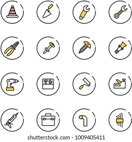 line vector icon set - road cone vector, trowel, wrench, pliers, nail dowel, screw, drill, tool box, paint roller, stapler, gun sealant, allen key, set