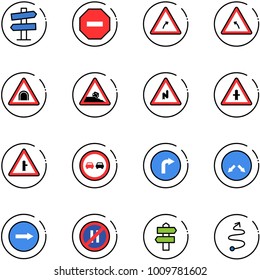 line vector icon set - road signpost vector sign, no way, turn right, left, tunnel, steep roadside, abrupt, intersection, overtake, only, detour, parking even, trip