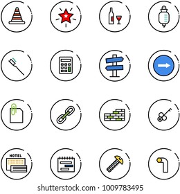 line vector icon set - road cone vector, christmas star, wine, drop counter, tooth brush, calculator, signpost sign, only right, attachment, link, brick wall, key, sea hotel, terms plan, screw