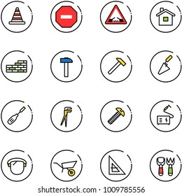 line vector icon set - road cone vector, no way sign, drawbridge, home, brick wall, hammer, trowel, chisel, plumber, screw, welding, protect glass, wheelbarrow, corner ruler, shovel fork toy