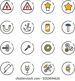 line vector icon set - Road narrows vector sign, star medal, luck, anchor, drink, hammer, steel rolling, screw, nut, rivet, metal hacksaw, winch, wrench, allen key set