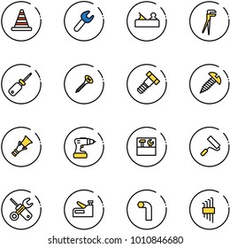 line vector icon set - road cone vector, wrench, jointer, plumber, screwdriver, screw, bolt, dowel, drill, tool box, paint roller, stapler, allen key, set