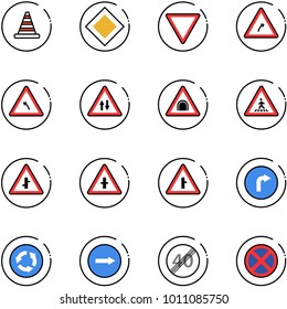 line vector icon set - road cone vector, main sign, giving way, turn right, left, oncoming traffic, tunnel, pedestrian, intersection, only, circle, end speed limit, no stop