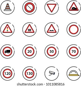 line vector icon set - road cone vector, prohibition sign, giving way, climb, traffic light, railway intersection, rough, no truck, speed limit 20, 50, 70, 120, 130, surveillance camera
