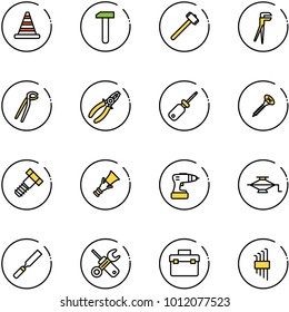 line vector icon set - road cone vector, work, sledgehammer, plumber, pliers, screwdriver, screw, bolt, dowel, drill, jack, rasp, wrench, tool box, allen key set