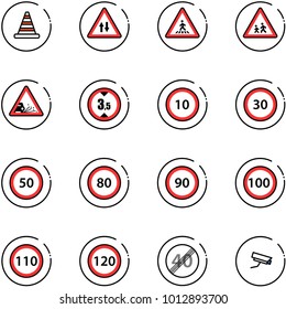 line vector icon set - road cone vector, oncoming traffic sign, pedestrian, children, gravel, limited height, speed limit 10, 30, 50, 80, 90, 100, 110, 120, end, surveillance camera