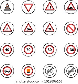 line vector icon set - road cone vector, giving way sign, oncoming traffic, steep descent, pedestrian, side wind, cow, prohibition, speed limit 40, 70, 80, 130, no bus, dangerous cargo, end