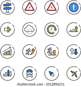 line vector icon set - road signpost vector sign, turn right, left, only forward, arrow, refresh cloud, clock around, growth, career, up down arrows, chart, chevron, cursor, bow