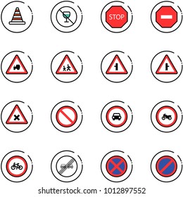 line vector icon set - road cone vector, no alcohol sign, stop, way, tractor, children, intersection, railway, prohibition, car, moto, bike, end overtake limit, parking