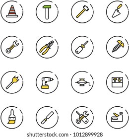 line vector icon set - road cone vector, work, sledgehammer, trowel, wrench, pliers, screwdriver, screw, wood drill, jack, tool box, brush, rasp, stapler