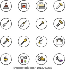 line vector icon set - road cone vector, baggage room, sea hotel, hammer, chisel, screwdriver, screw, bolt, wood drill, winch, tool box, allen key set, shovel fork toy, excavator, constructor blocks