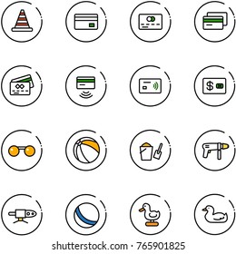 line vector icon set - road cone vector, credit card, tap pay, sunglasses, ball, bucket scoop, drill machine, pipe welding, toy duck