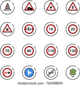 line vector icon set - road cone vector, climb sign, abrupt turn right, intersection, railway, limited width, speed limit 10, 20, 70, 80, 110, 130, no overtake, only forward, end, signpost