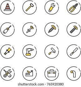 line vector icon set - road cone vector, sledgehammer, wrench, pliers, screwdriver, nail dowel, screw, drill, paint roller, rasp, stapler, tool box, allen key