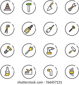 line vector icon set - road cone vector, work, trowel, wrench, plumber, pliers, screwdriver, screw, bolt, wood drill, paint roller, brush, stapler, allen key, set