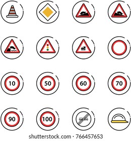 line vector icon set - road cone vector, main sign, climb, steep descent, embankment, traffic light, railway intersection, prohibition, speed limit 10, 50, 60, 70, 90, 100, end overtake