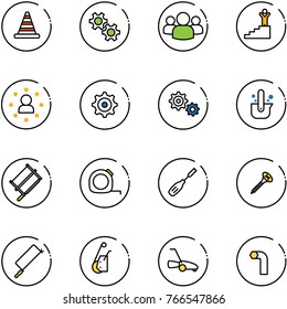 line vector icon set - road cone vector, gear, group, success, star man, casting of steel, bucksaw, measuring tape, chisel, screw, metal hacksaw, winch, lawn mower, allen key