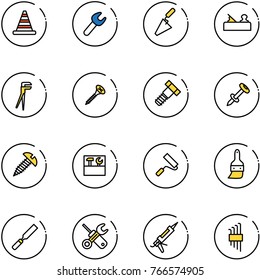 line vector icon set - road cone vector, wrench, trowel, jointer, plumber, screw, bolt, nail dowel, tool box, paint roller, brush, rasp, screwdriver, gun sealant, allen key set