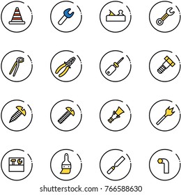 line vector icon set - road cone vector, wrench, jointer, plumber, pliers, screwdriver, bolt, screw, dowel, wood drill, tool box, brush, rasp, allen key