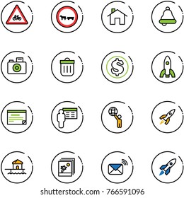 line vector icon set - road for moto vector sign, no cart horse, home, bell, camera, trash bin, dollar, rocket, schedule, presentation, world, bungalow, photo, wireless mail
