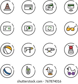 line vector icon set - road cone vector, credit card, tap pay, exchange, sunglasses, ball, drill machine, pipe welding, pyramid toy, phone, duck
