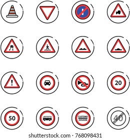 line vector icon set - road cone vector, giving way sign, no parkin odd, tractor, slippery, pedestrian, rough, artificial unevenness, attention, car, horn, speed limit 20, 50, bus, customs, end
