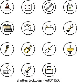 line vector icon set - road cone vector, baggage room, no limit sign, home, sea hotel, measuring tape, jointer, wrench, plumber, side cutters, screwdriver, crown drill, welding, gun sealant