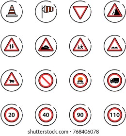 line vector icon set - road cone vector, side wind, giving way sign, landslide, oncoming traffic, steep descent, children, rough, cow, prohibition, no dangerous cargo, truck, speed limit 20, 40, 90