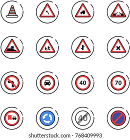 line vector icon set - road cone vector, turn left sign, tractor way, drawbridge, steep roadside, children, intersection, railway, no, car, speed limit 40, 70, truck overtake, circle, end, parking