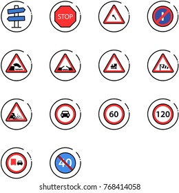 line vector icon set - road signpost vector sign, stop, turn left, no parkin odd, embankment, drawbridge, railway intersection, side wind, gravel, car, speed limit 60, 120, truck overtake