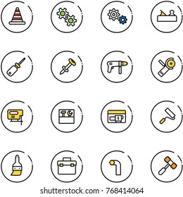 line vector icon set - road cone vector, gear, jointer, screwdriver, nail dowel, drill machine, Angular grinder, jig saw, tool box, generator, paint roller, brush, allen key, toy hammer