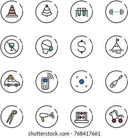 line vector icon set - road cone vector, christmas tree, vial, barbell, no alcohol sign, medical mask, dollar, mountain, car baggage, mobile phone, record button, chisel, plumber, dryer, abacus