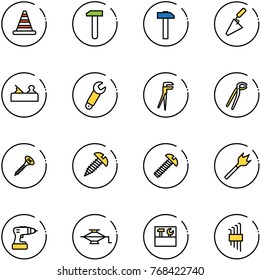 line vector icon set - road cone vector, work, hammer, trowel, jointer, wrench, plumber, screw, wood drill, jack, tool box, allen key set