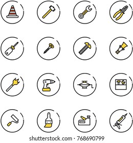 line vector icon set - road cone vector, sledgehammer, wrench, pliers, screwdriver, screw, dowel, wood drill, jack, tool box, paint roller, brush, stapler, gun sealant
