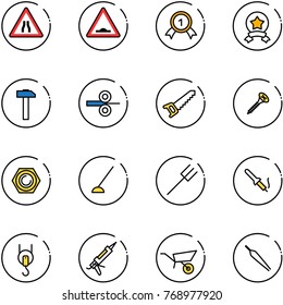 line vector icon set - Road narrows vector sign, artificial unevenness, gold medal, star, hammer, steel rolling, saw, screw, nut, hoe, farm fork, soldering iron, winch, gun sealant, wheelbarrow