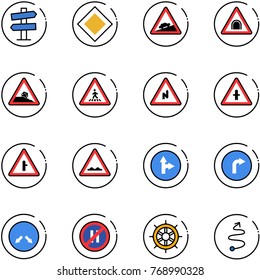 line vector icon set - road signpost vector sign, main, climb, tunnel, steep roadside, pedestrian, abrupt turn right, intersection, rough, only forward, detour, no parking even, hand wheel, trip