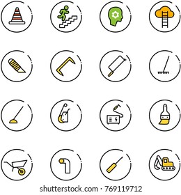 line vector icon set - road cone vector, career, brain work, cloud ladder, knife, staple, metal hacksaw, rake, hoe, winch, welding, brush, wheelbarrow, allen key, awl, excavator toy