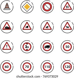line vector icon set - road cone vector, main sign, prohibition, oncoming traffic, climb, tractor way, railway intersection, cow, attention, limited height, no truck, speed limit 50, 60, 70, 110