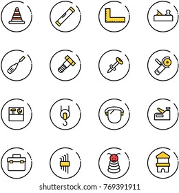 line vector icon set - road cone vector, level, corner ruler, jointer, chisel, bolt, nail dowel, Angular grinder, tool box, winch, protect glass, stapler, allen key set, pyramid toy, block house