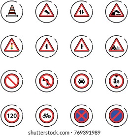 line vector icon set - road cone vector, multi lane traffic sign, oncoming, embankment, light, intersection, gravel, prohibition, no left turn, car, limited height, speed limit 120, bike, stop