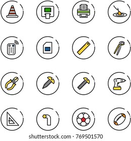 line vector icon set - road cone vector, atm, printer, fishing, remote control, sim, ruler, plumber, side cutters, screw, drill, corner, allen key, soccer ball, football