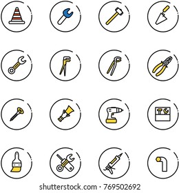 line vector icon set - road cone vector, wrench, sledgehammer, trowel, plumber, pliers, screw, dowel, drill, tool box, brush, screwdriver, gun sealant, allen key