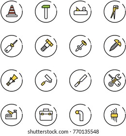 line vector icon set - road cone vector, work, jointer, plumber, screwdriver, bolt, nail dowel, screw, paint roller, rasp, wrench, stapler, tool box, allen key, set