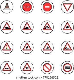 line vector icon set - road cone vector, stop sign, no way, giving, climb, steep descent, embankment, tractor, traffic light, abrupt turn right, children, gravel, rough, cow, prohibition, bus