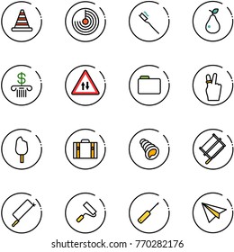 line vector icon set - road cone vector, radar, tooth brush, pear, bank, oncoming traffic sign, folder, victory, ice cream, suitcase, shell, bucksaw, metal hacksaw, paint roller, awl, paper plane